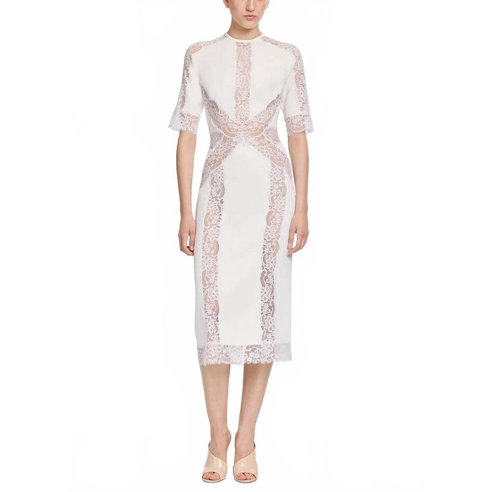 NEW ELIE SAAB cady & lace midi dress in powder